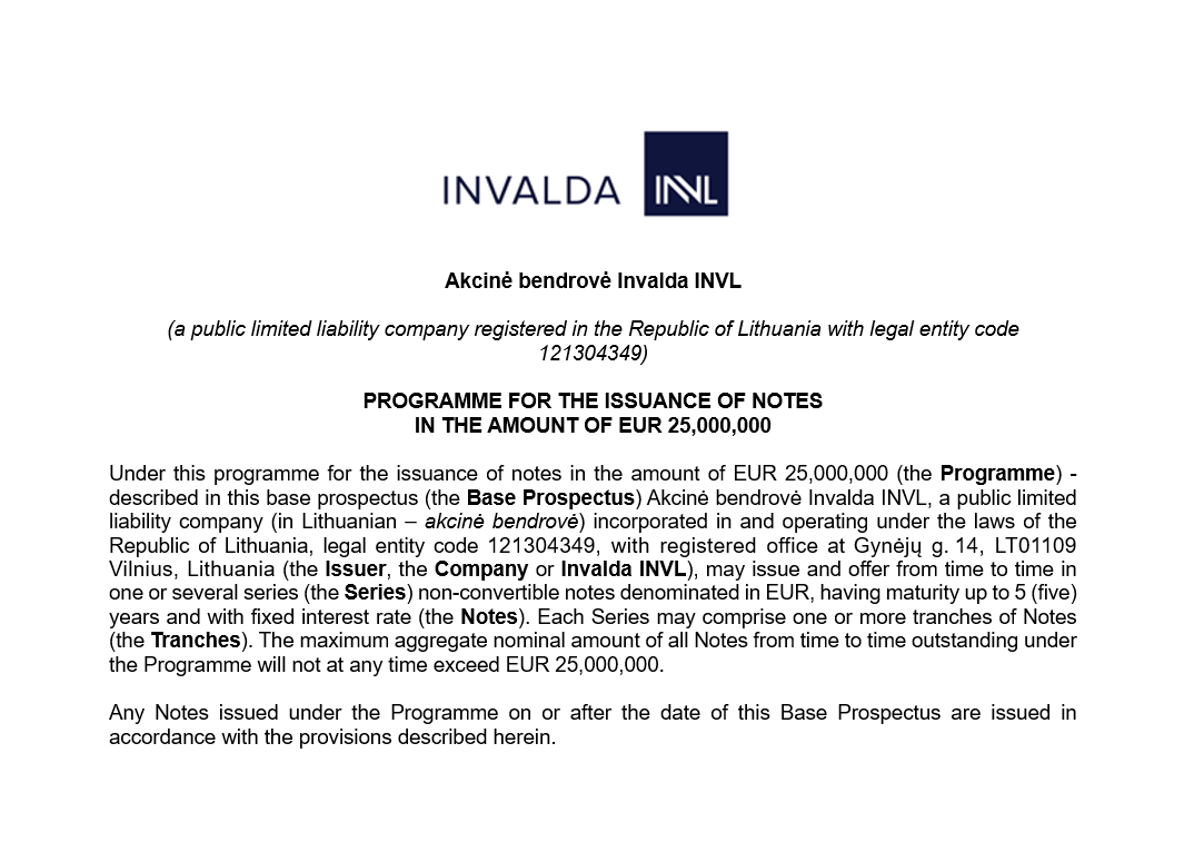 Patvirtintas AB „Invalda INVL“ bazinis skolos vertybinių popierių programos prospektas